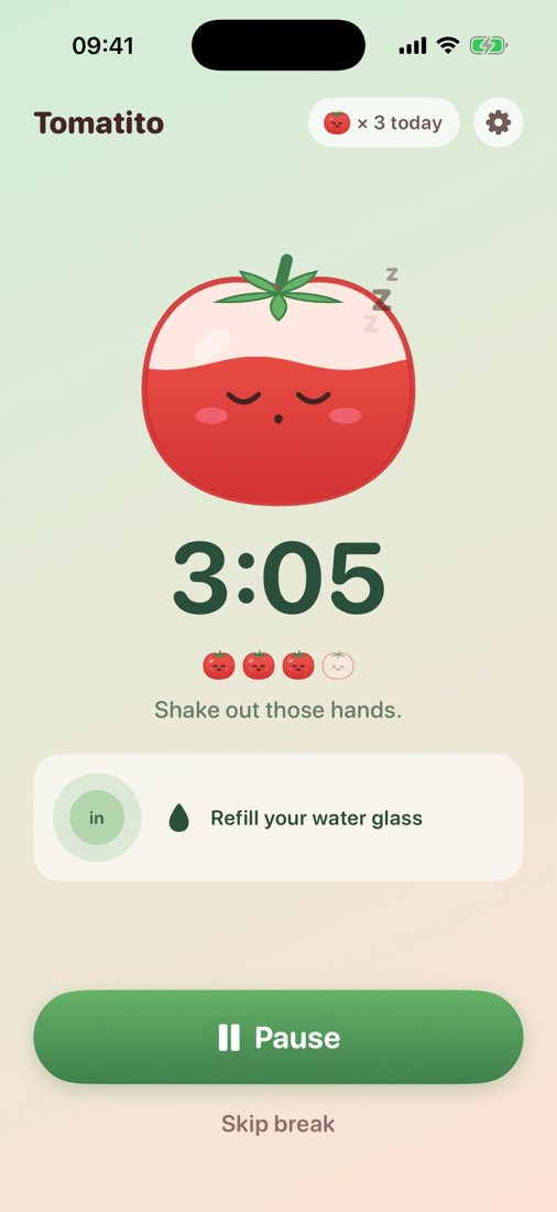 Tomatito on iPhone during a break, with a breathing guide
