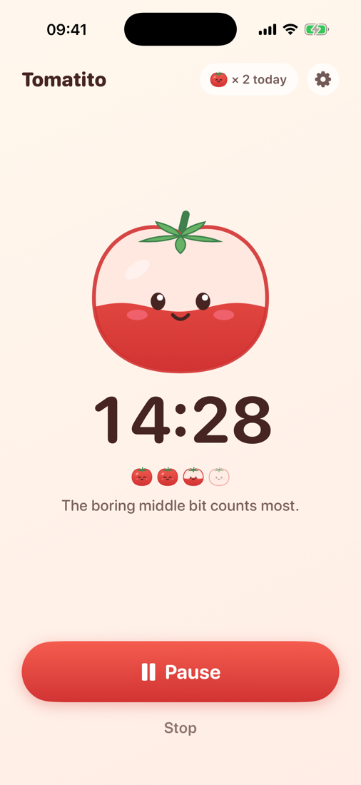 Tomatito on iPhone with 14 minutes left on a tomato