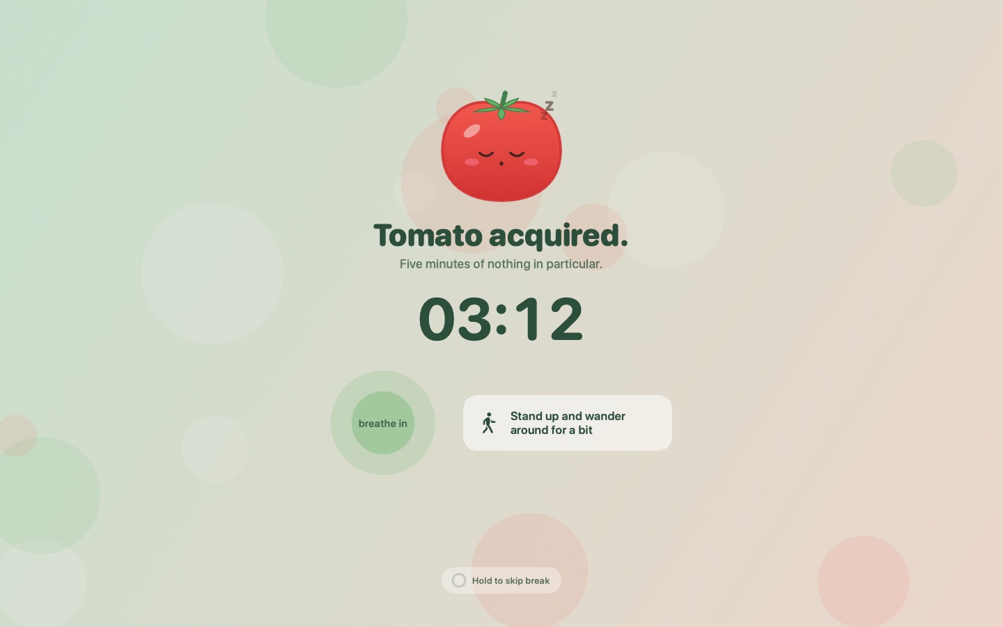 Tomatito's break screen on a Mac: a sleeping tomato, a countdown, a breathing guide and an idea for the break